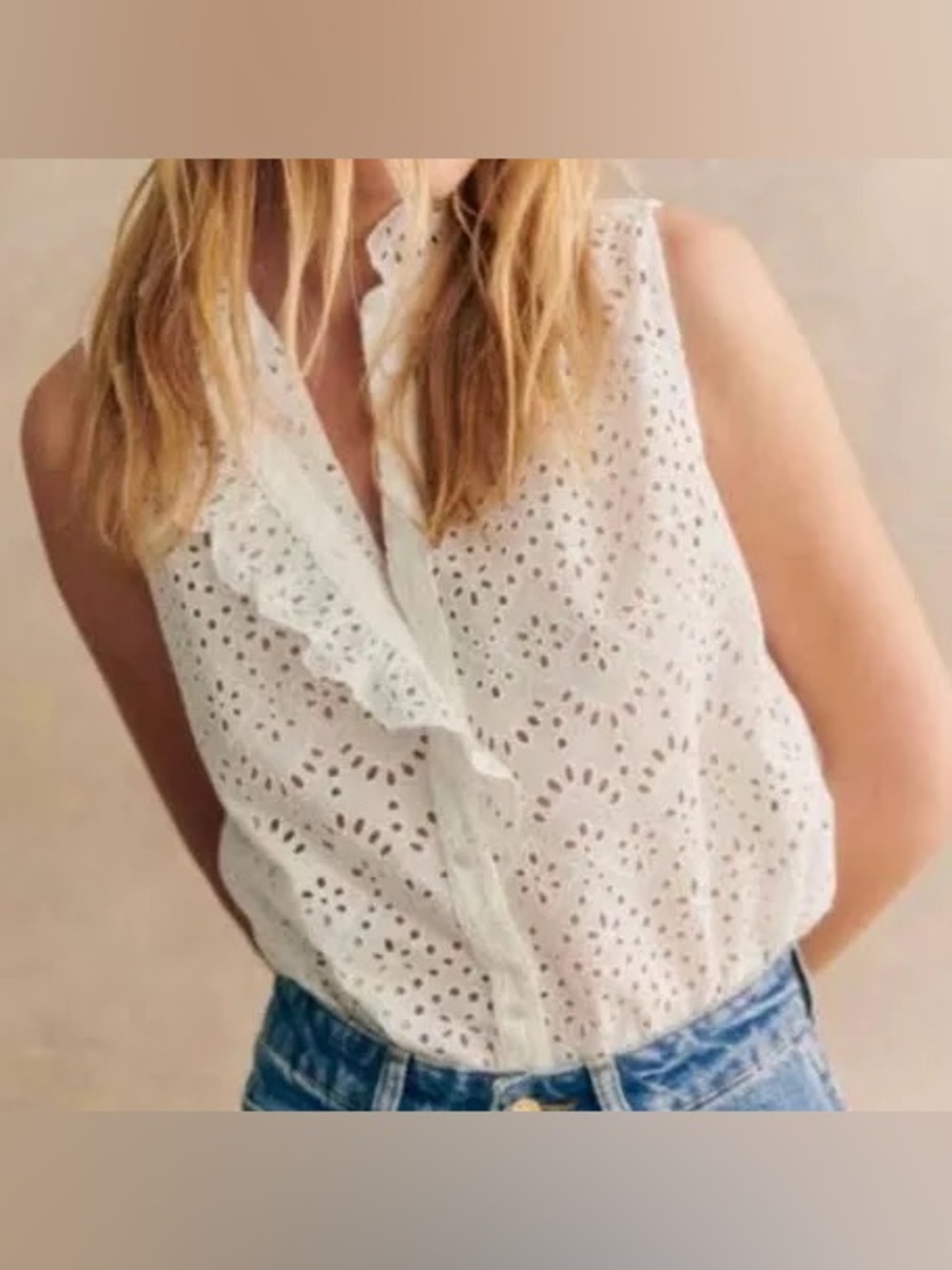 Sezane CELINDA SHIRT White Eyelet Ruffle Sleeveless Blouse - Women US14